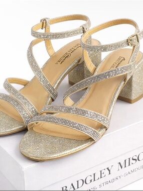 Badgley Mischka Gold Crystal-Strap Block Heel Sandals